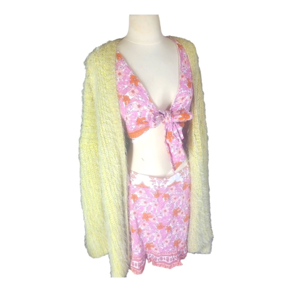 Anthropologie A+ Larkin Yellow Shimmer Cardigan Sweater Fuzzy Metalic Knit 1X